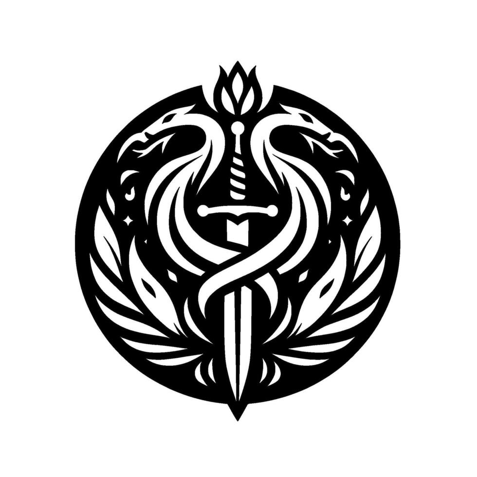 Intricate black and white emblem Two stylized dragons entwined around a sword, within a circular frame with floral and star details, on a clean white background. vector