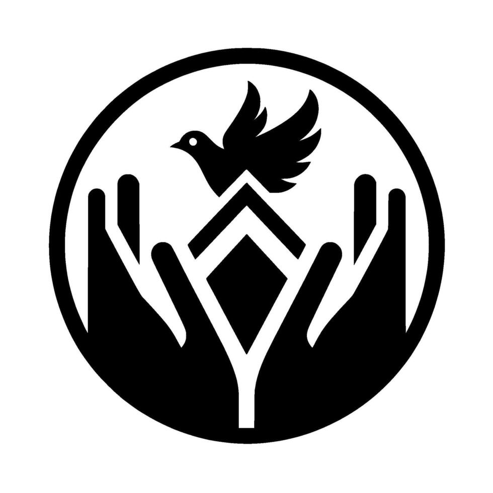 Symbolic Black and White Circular Emblem Hands Cup a Geometric Shape with a Dove Above, Suggesting Protection. vector