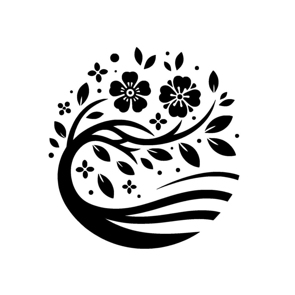 Circular black and white illustration of stylized tree with blossoms, leaves and dots. vector