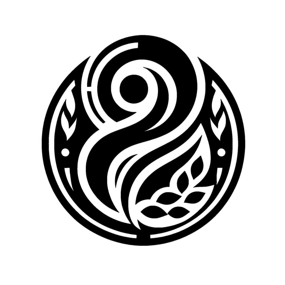 A stylized, symmetrical emblem featuring swirling black shapes within a circle, incorporating leaf and spiral motifs, set against a white background, evoking balance and harmony. vector