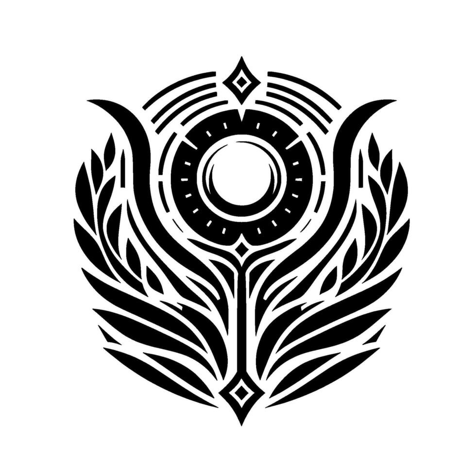 A symmetrical, black and white tribal emblem featuring a central circle with radiating lines, diamond accents, and leaflike elements suggesting growth and balance. vector