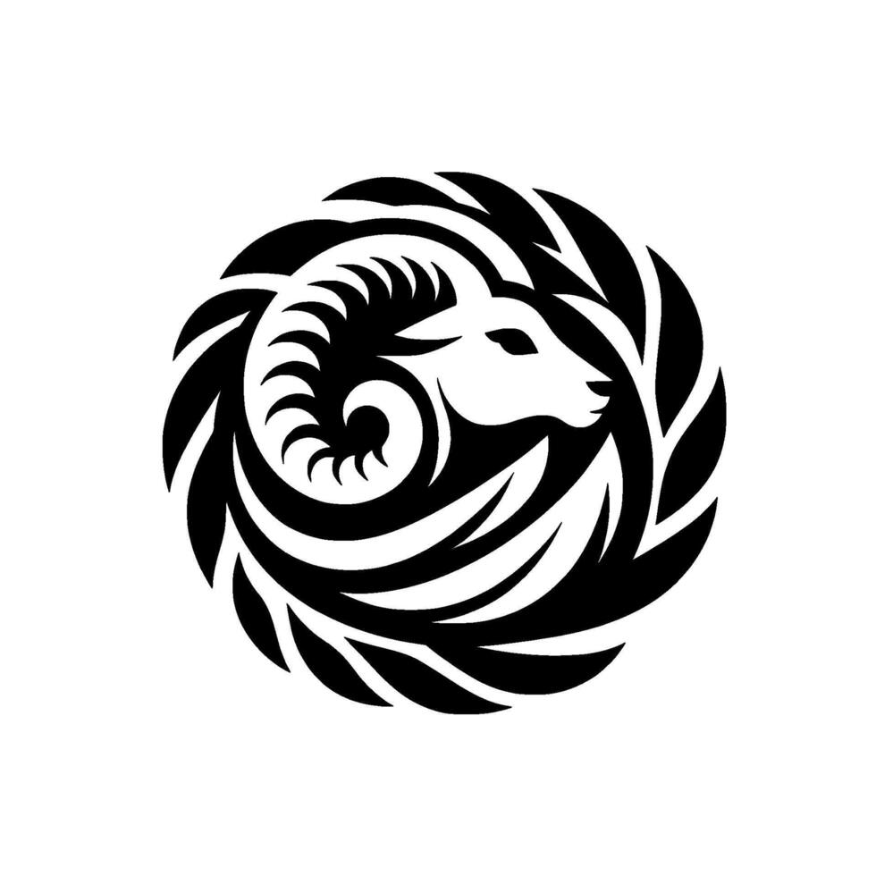 A stylized, monochromatic featuring a rams head within a circular pattern of swirling, leaflike elements, set against a stark white background. vector