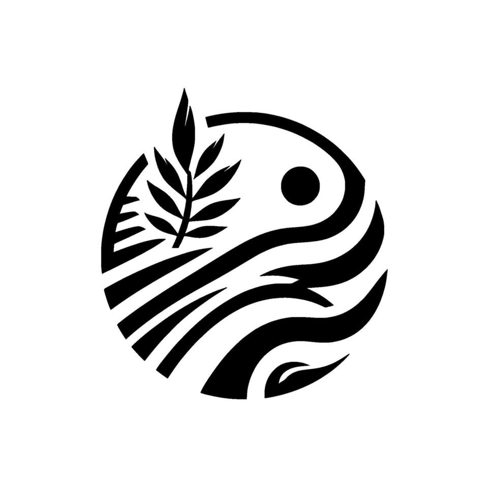 A stylized black and white emblem a YinYang inspired circle, incorporating a plant and water elements, conveying balance and harmony. vector