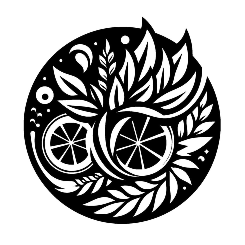 Black and White Circular Featuring Sliced Citrus Fruits, Leaves, and Decorative Elements, Modern Illustration. vector