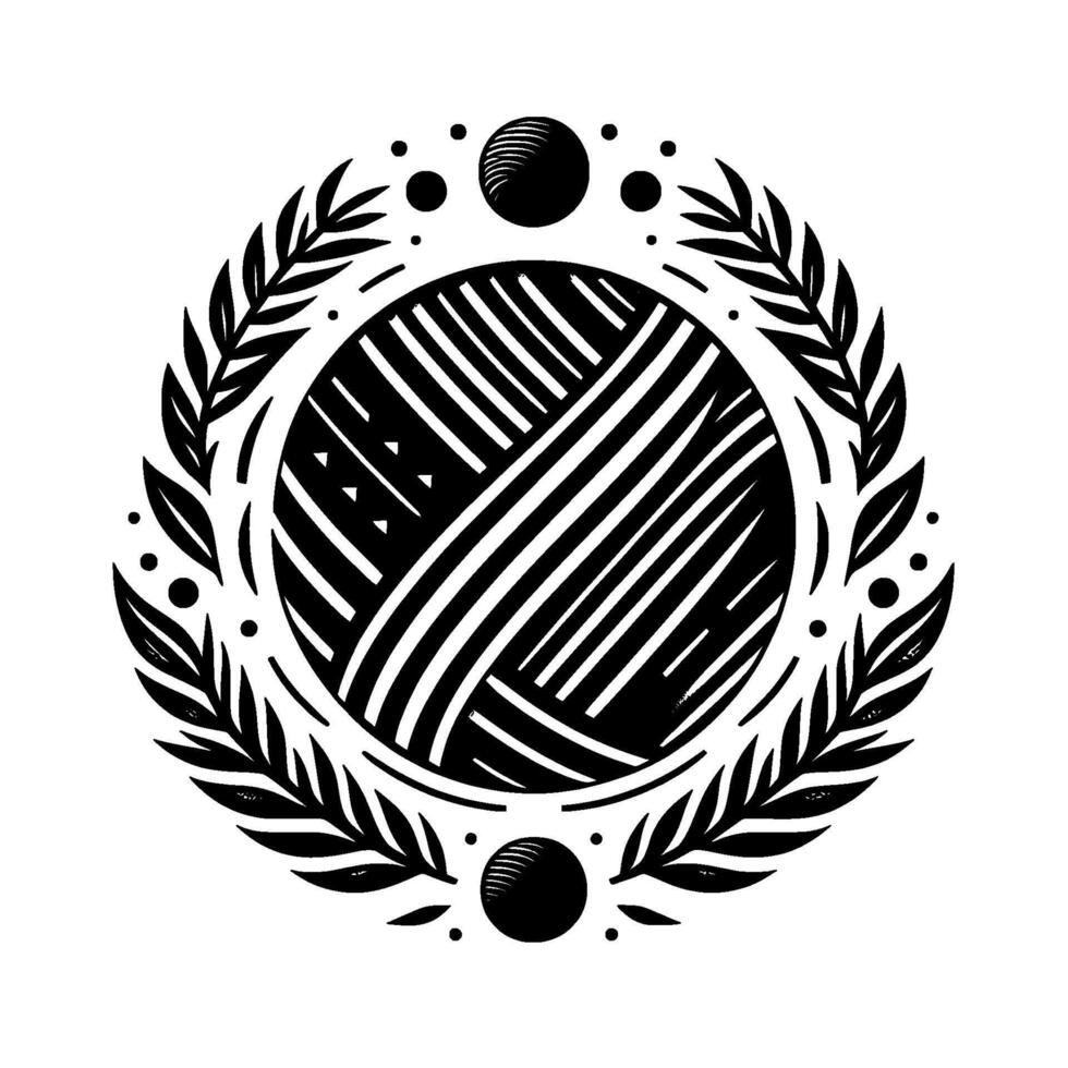 A stylized black and white emblem featuring a central sphere with patterned lines, encircled by a laurel wreath and accented with small spheres and dots, embodying a sense of unity and organization. vector