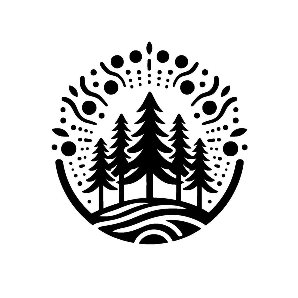 Monochrome forest scene with fir trees on a stylized landscape enclosed within a decorative circular border with dots and swirling patterns. vector