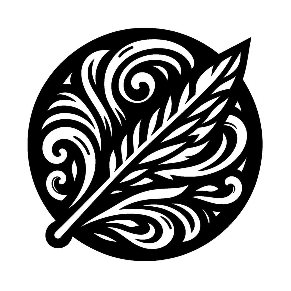 A stylized black and white featuring a feather at the center of a circular shape with decorative, swirling floral elements, creating a sophisticated, artistic composition. vector