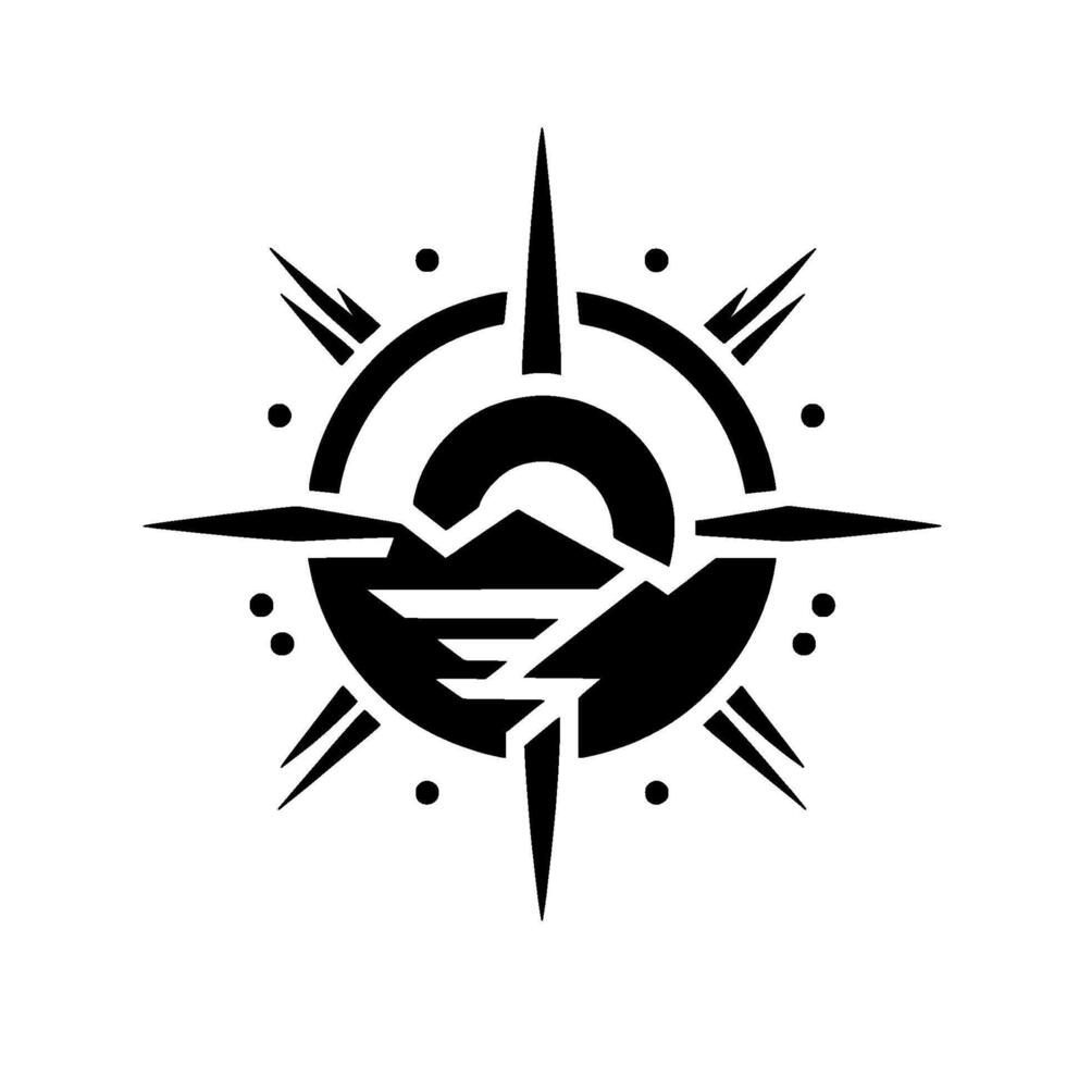 Abstract black and white design, resembling a compass with fragmented elements, a central mountain shape, and dot accents, creating a modern, minimalist aesthetic. vector