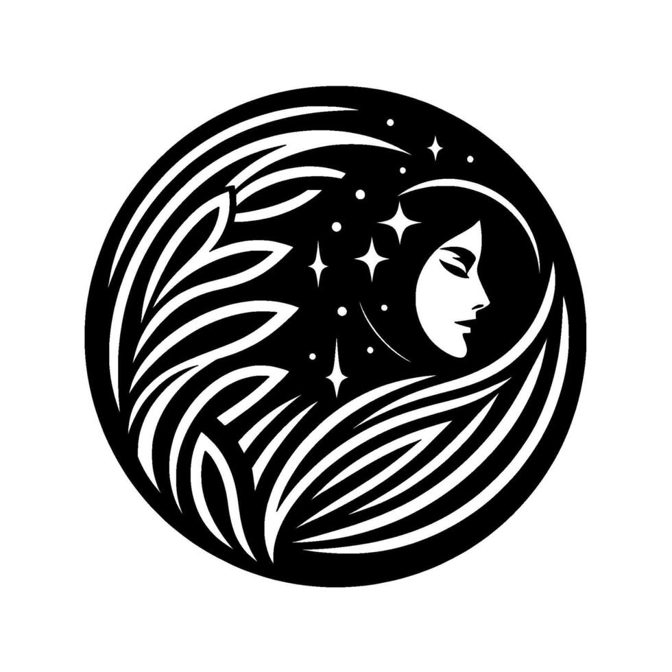 A stylized black and white emblem featuring a womans profile in a lunar shape, surrounded by stylized foliage, stars, and a celestial aura within a circular frame. vector