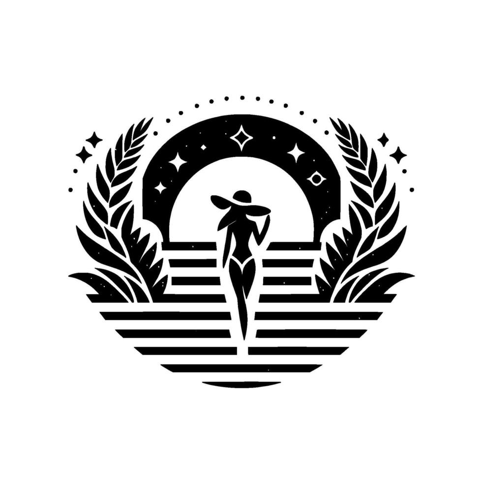 Elegant silhouette of a woman in a sunhat, ascending striped steps towards a starry archway framed by laurel leaves, a minimalist and stylish design. vector