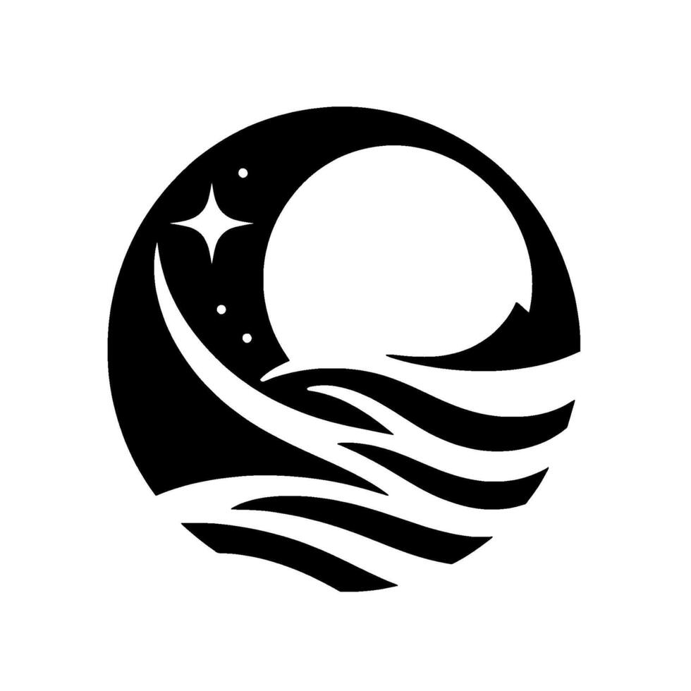 A black and white emblem depicts the night sky, a star, and crescent over stylized waves, enclosed within a circle. vector