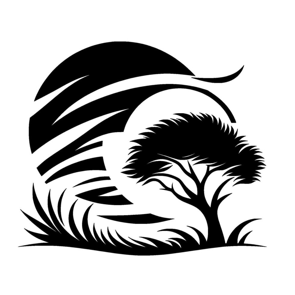 Silhouette of an acacia tree with stylized sun and savanna grass, rendered in stark black and white, creating a minimalist and evocative composition. vector
