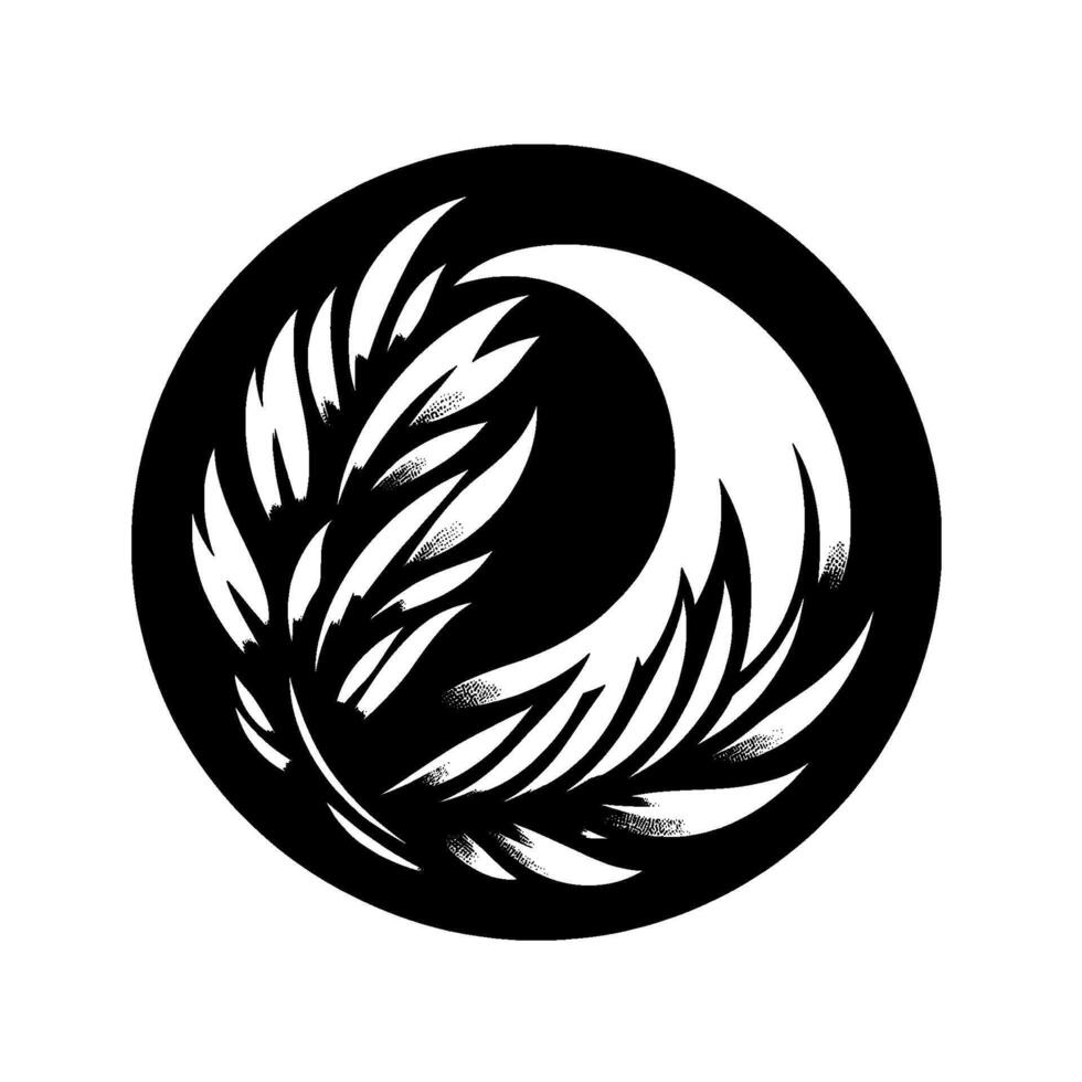 A stylized laurel wreath design, composed of white, leaflike shapes, encircling a negative space crescent moon in a black circle, creating a monochromatic emblem. vector