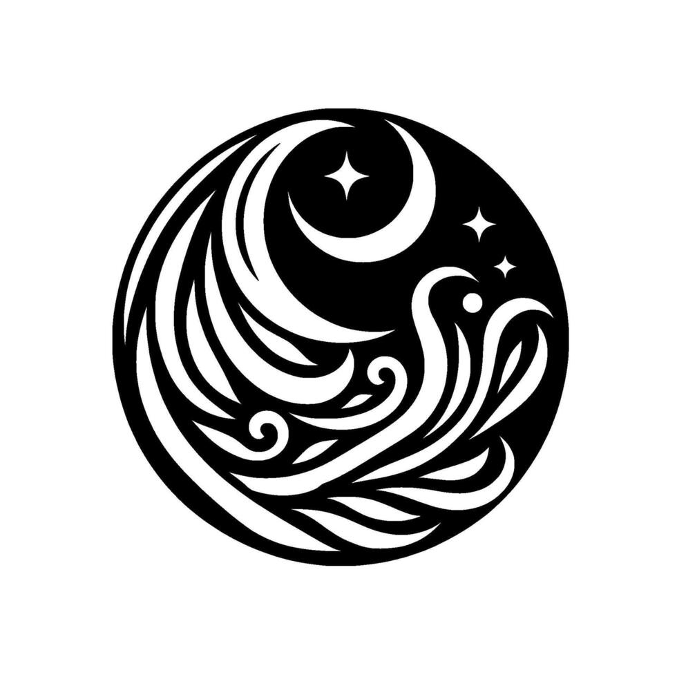 Black and white circular featuring stylized waves, crescent moon, and stars, creating a serene and decorative nighttime emblem. vector