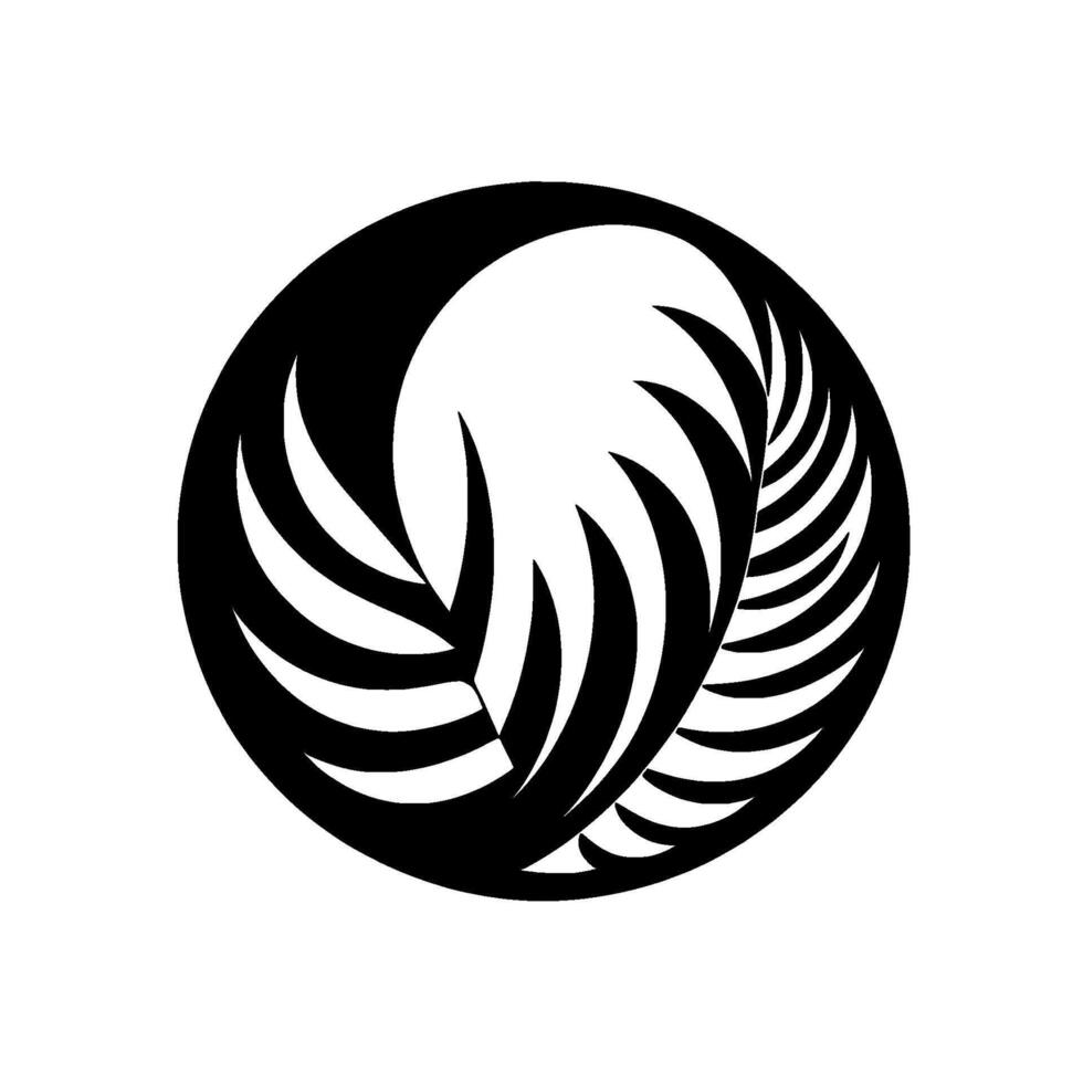 Monochrome Circular Abstract, Black and White Graphic, featuring stylized featherlike elements intertwined, creating a balanced and symmetrical composition. vector