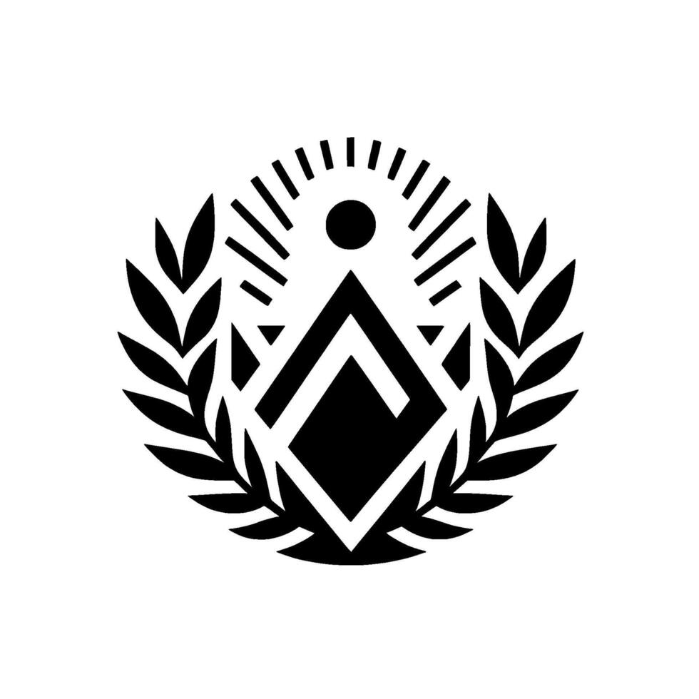 Elegant black and white geometric emblem with radiant sun, laurel wreath, and stylized diamond and mountain peak shapes on a white background. vector
