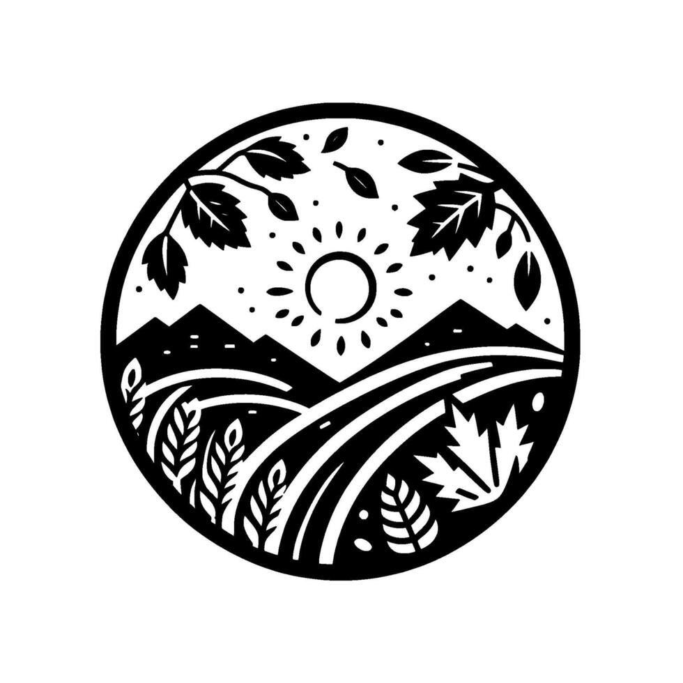 Circular Black and White Illustration of a Farm Scene with Mountains, Sun, Wheat, Leaves, and Winding Roads, Enclosed by a Circular Border. vector