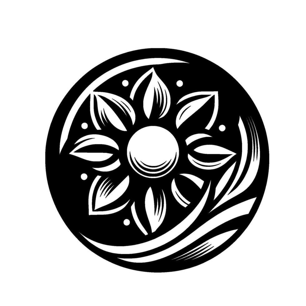 Ornate Black and White Circular Floral with Petallike Shapes and Decorative Accents on a White Background. vector