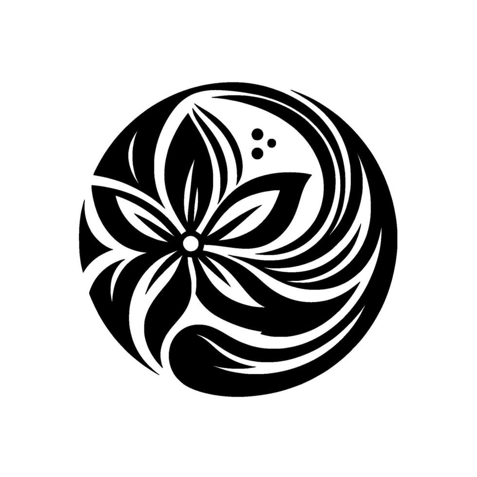 A stylized, monochromatic floral within a circular frame, featuring layered leaves, a central dot, and three additional dots, set against a clean white background. vector