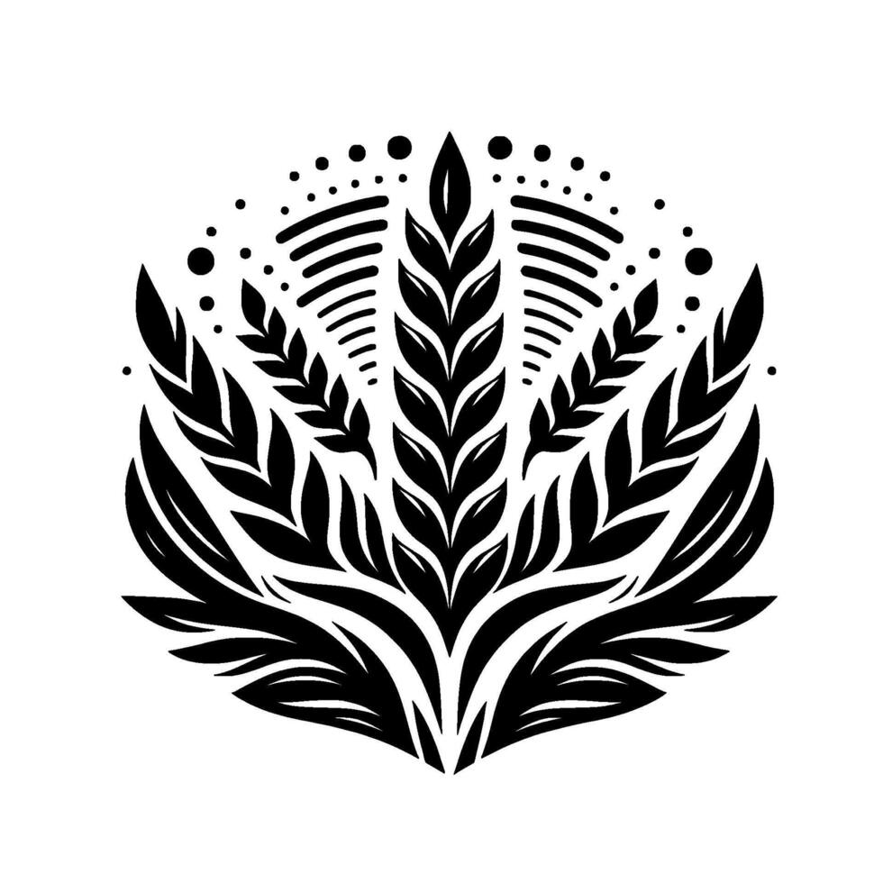 Stylized Black and White Floral Emblem A Symmetrical Featuring Leafy Sprigs and Decorative Elements, against a Pure White Backdrop. vector