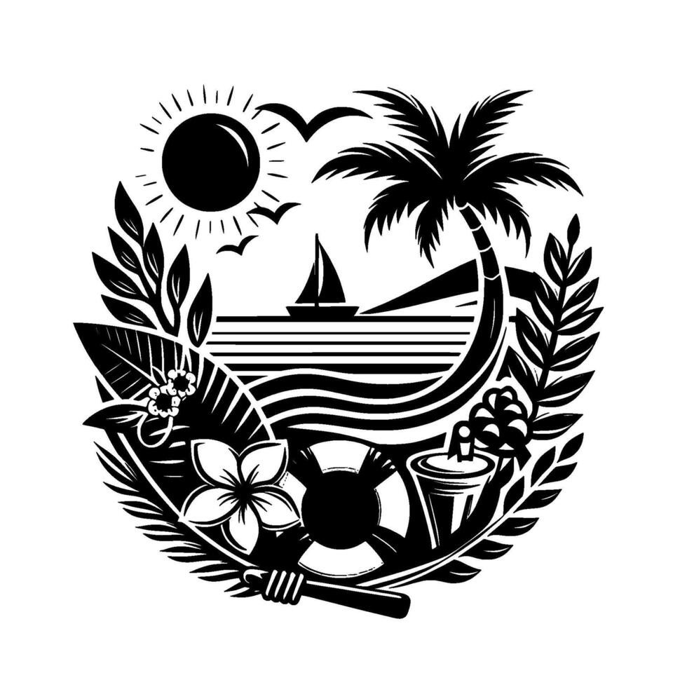 A stylized black and white summer emblem showcasing tropical beach elements within a rounded composition. Includes sun, palm tree, sailboat, waves, flowers, and a life preserver, symbolizing a relaxin vector