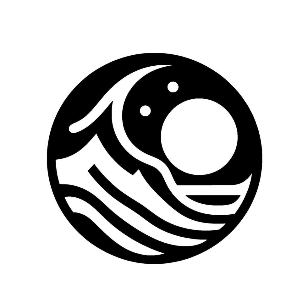 Minimalist Black and White Circular Depicting Ocean Waves, Sun, and Stars within a Circle vector