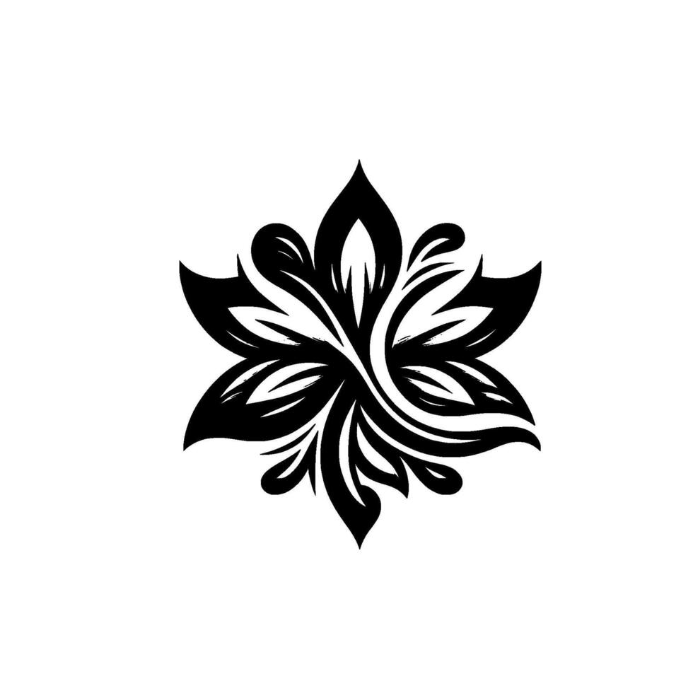 A symmetrical, intricate black and white floral featuring stylized petals and leaves, radiating from a central point against a clean white background. vector