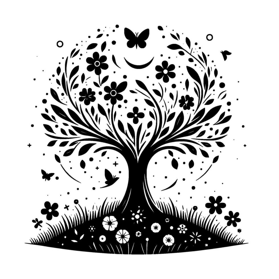 Whimsical monochrome illustration flourishing tree silhouette with butterflies, flowers, and grass, evoking nature and serenity. vector