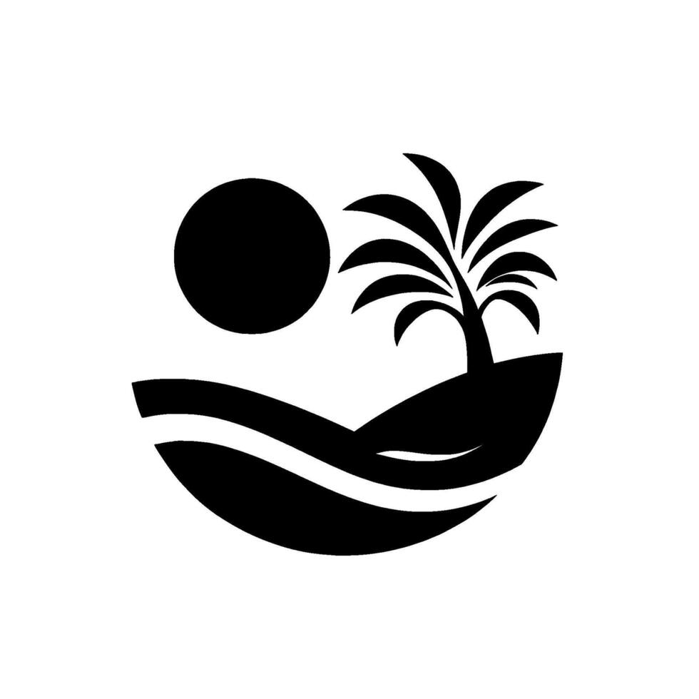 Minimalist Monochrome Depicting Palm Tree on a Sandy Island, Set Against Sun with Wavy Horizon, Evoking Tropical Paradise. vector