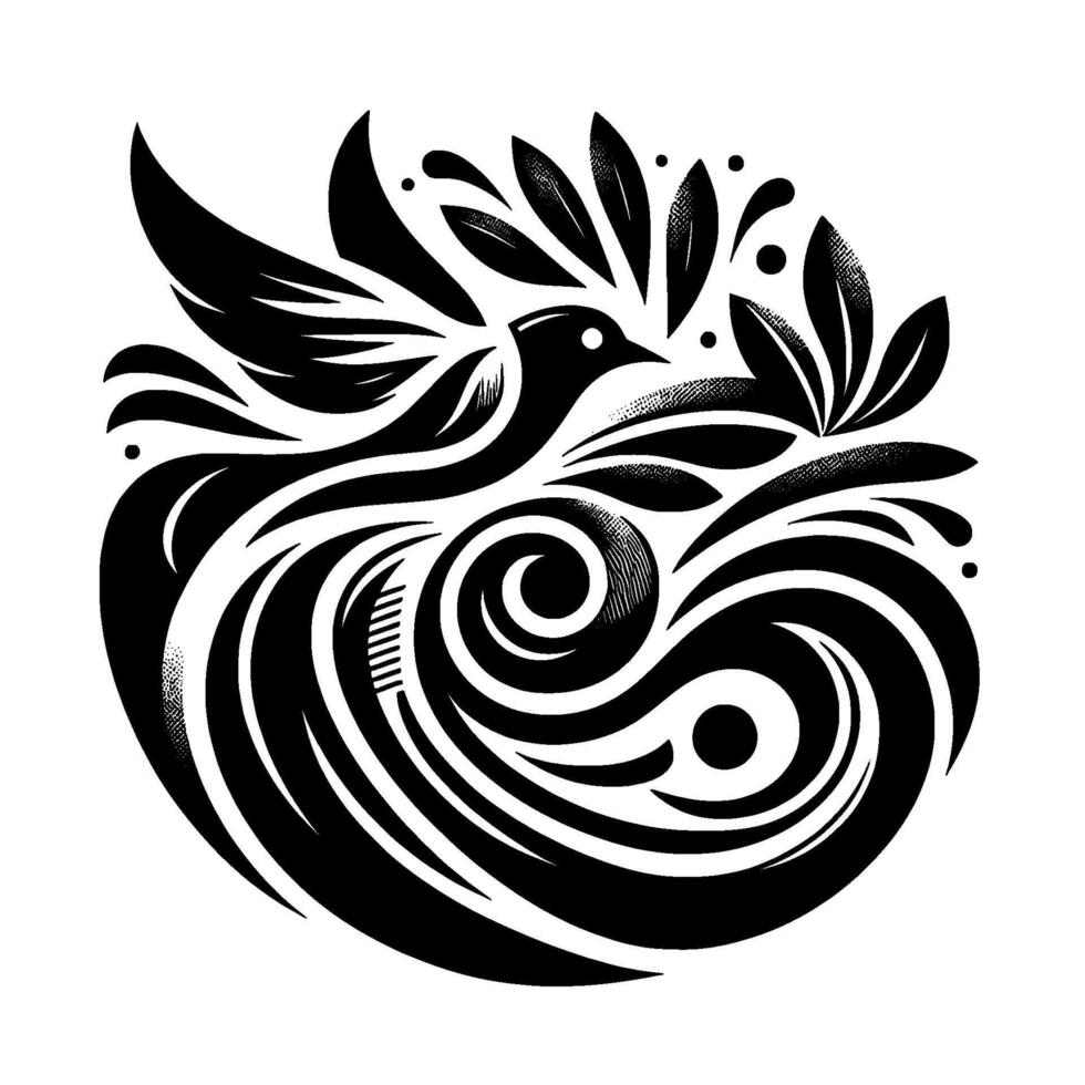 Elegant Black and White Illustration of a Bird Soaring Above Swirling, Abstract Water, Embellished with Leafy Elements, Evoking Grace and Freedom. vector