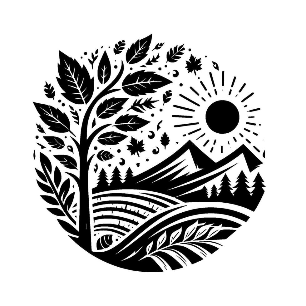 A striking black and white circular showcasing a stylized landscape with a central tree, mountains, sun, and natural elements. vector