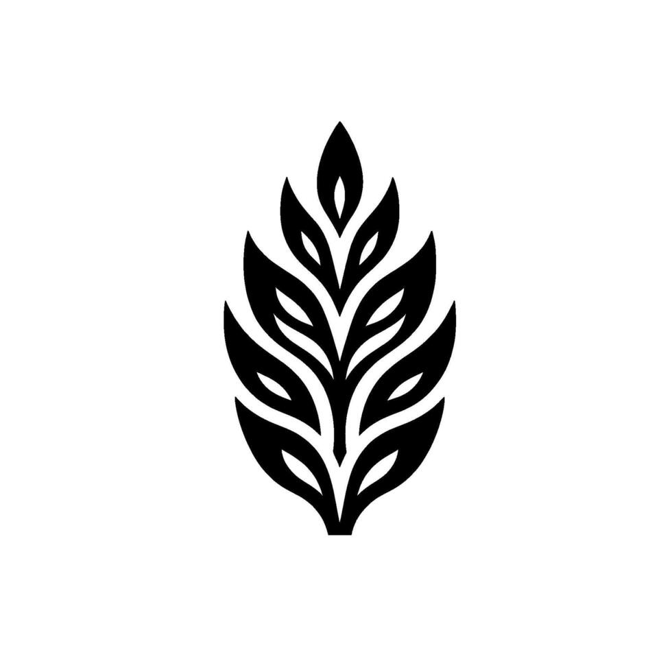A symmetrical black and white stylized botanical illustration featuring an abstract leaf composition against a clean white backdrop, exuding simplicity and elegance. vector