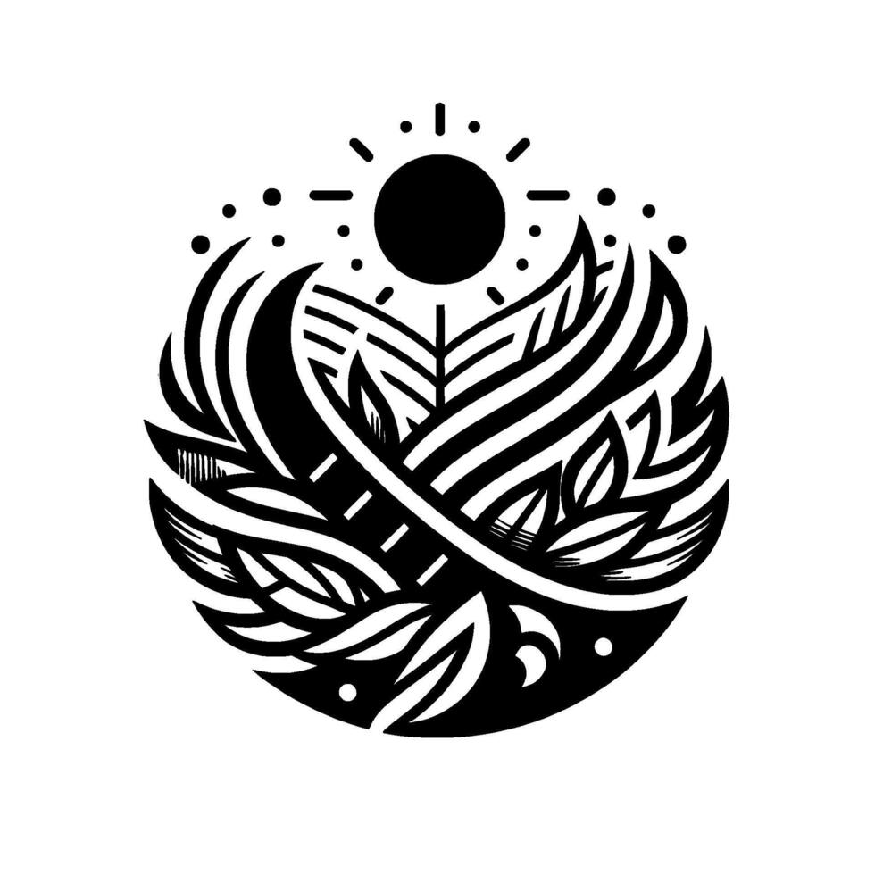 Intricate Black and White Circular Design Sun, Leaves, and Abstract Forms, a stylized artwork evoking nature and balance within a modern, minimalist composition. vector