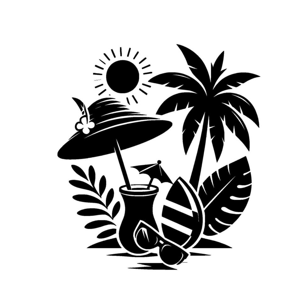 Black and white minimalist illustration of a tropical scene with a hat, drink, surfboard, sunglasses, palm tree, and sun, evoking relaxation. vector
