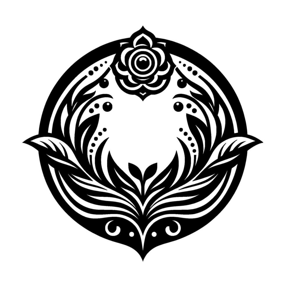 Intricate monochrome floral emblem featuring a central rose motif within an ornate circular frame, surrounded by stylized leaves and decorative elements. vector