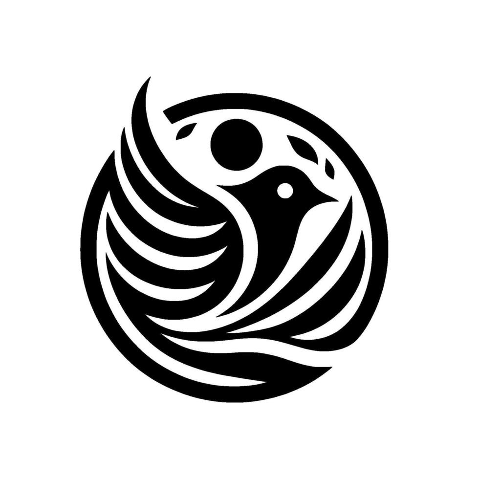 Minimalist Black and White Design A stylized bird within a circular frame, with leaves and a sun motif, conveying harmony. vector