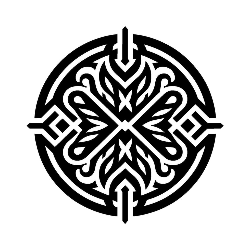Intricate black and white circular featuring symmetrical ornamental elements, arrows, and geometric shapes, creating a visually balanced composition. vector