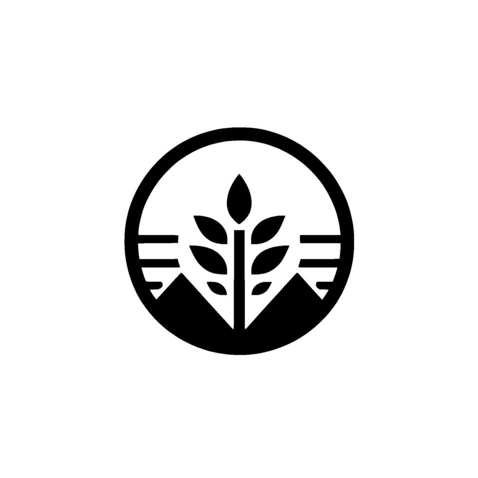 A minimalist black and white showcasing stylized mountains, a wheat stalk within a circular frame, evoking natures beauty. vector