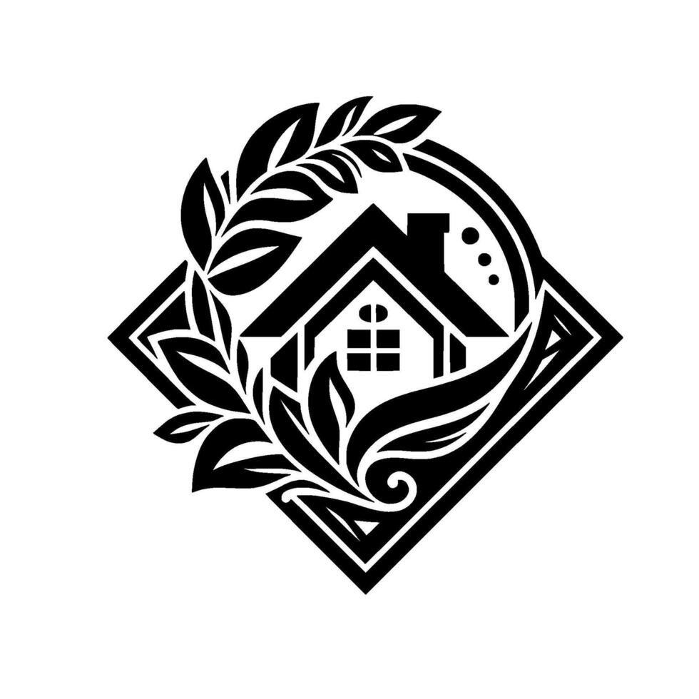 Black and White Artistic Featuring a Home Surrounded by Foliage Within a Decorative Diamond and Circle Frame. vector