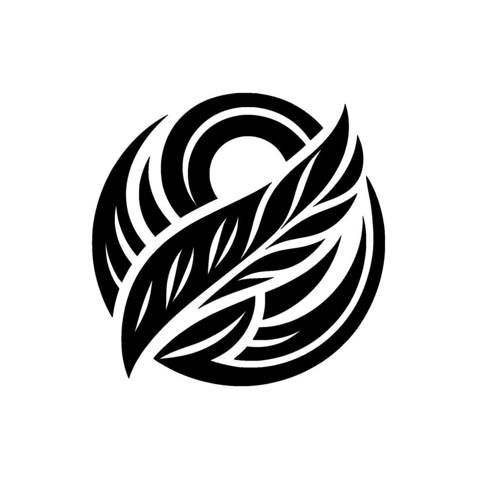 Abstract Black and White Composition Featuring Leaflike Forms Intertwined within a Circular, Decorative on White Background. vector