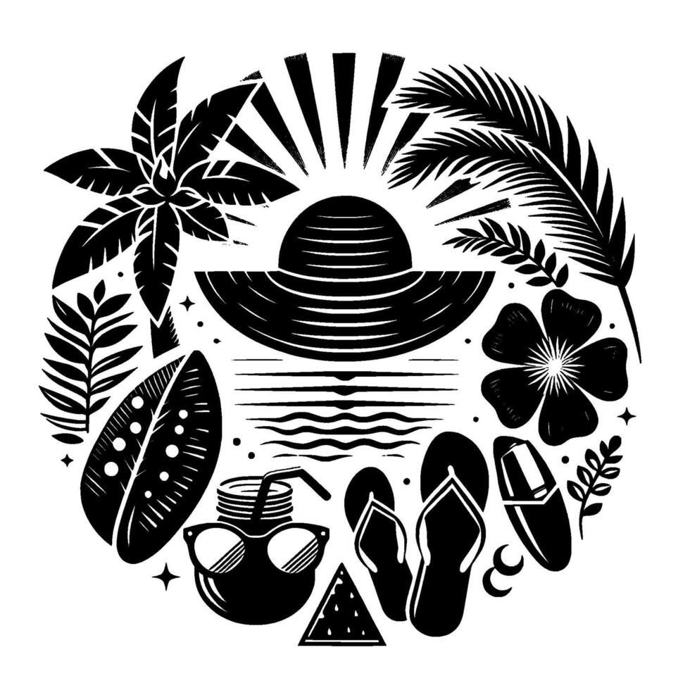 Black and white circular illustration depicting a sunny beach scene sun, hat, ocean, palm trees, sunglasses, surfboard, watermelon, and other summer elements. vector