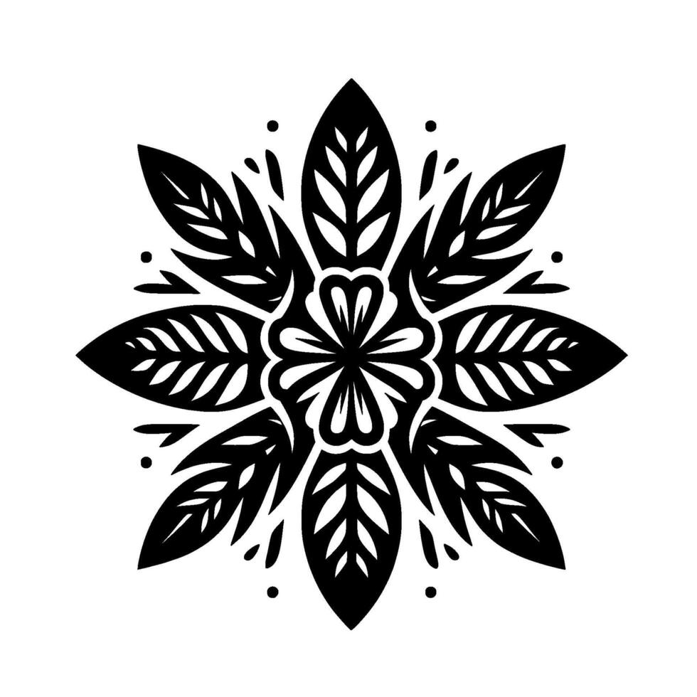 Symmetrical, Stylized Floral Mandala in Black and White with Leafy Petals and Delicate Dot Accents vector