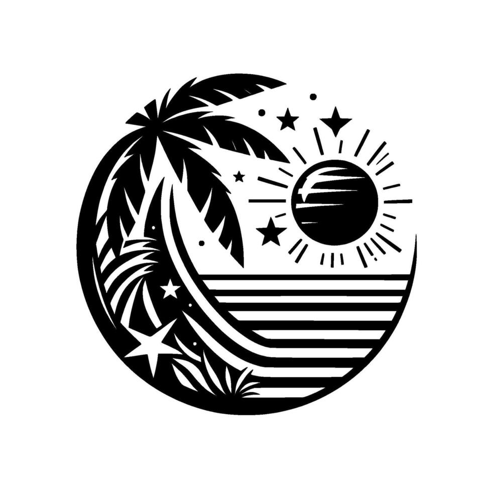 A stylized black and white circular emblem featuring a tropical sunset scene with a palm tree, sea and stars. vector