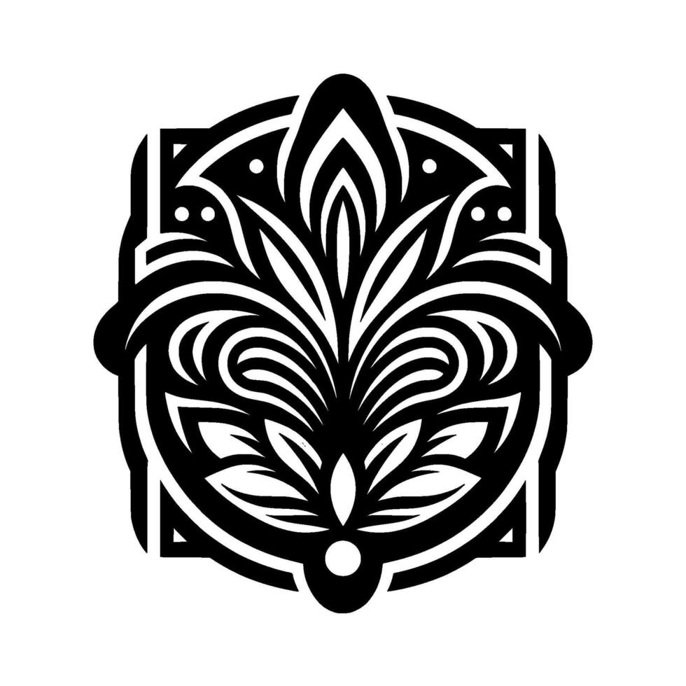 Intricate Black and White Floral Emblem A symmetrical with stylized leaves, swirls, and geometric elements, evoking a sense of elegance and balance. vector