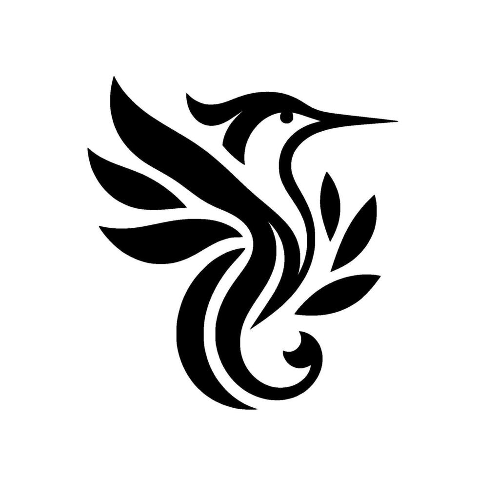 A stylized black and white of a hummingbird in midflight, incorporating leaves and a flowing, artistic representation. vector