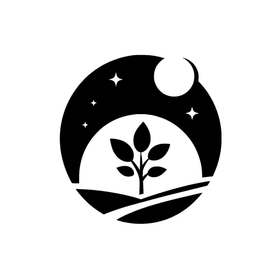 A stylized night scene featuring a growing plant within a circular emblem, under a crescent moon, stars, and stylized landscape. vector