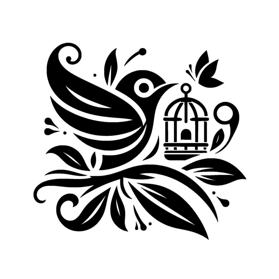 An Elegant Black and White Illustration of a Bird with a Butterfly and Cage Nestled Amongst Lush Foliage, Symbolizing Freedom and Natures Beauty. vector
