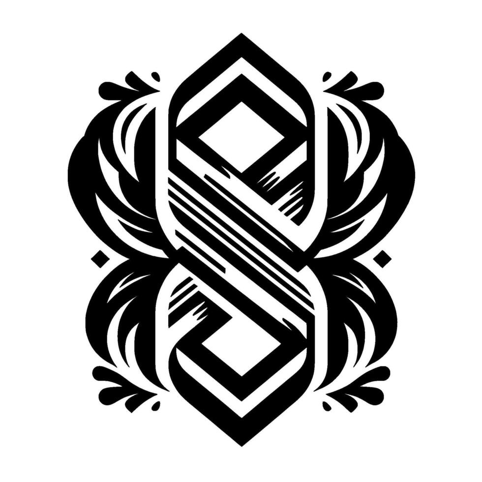 Symmetrical Black and White FloralGeometric with Intertwined Shapes and Ornamental Details on a White Background. vector