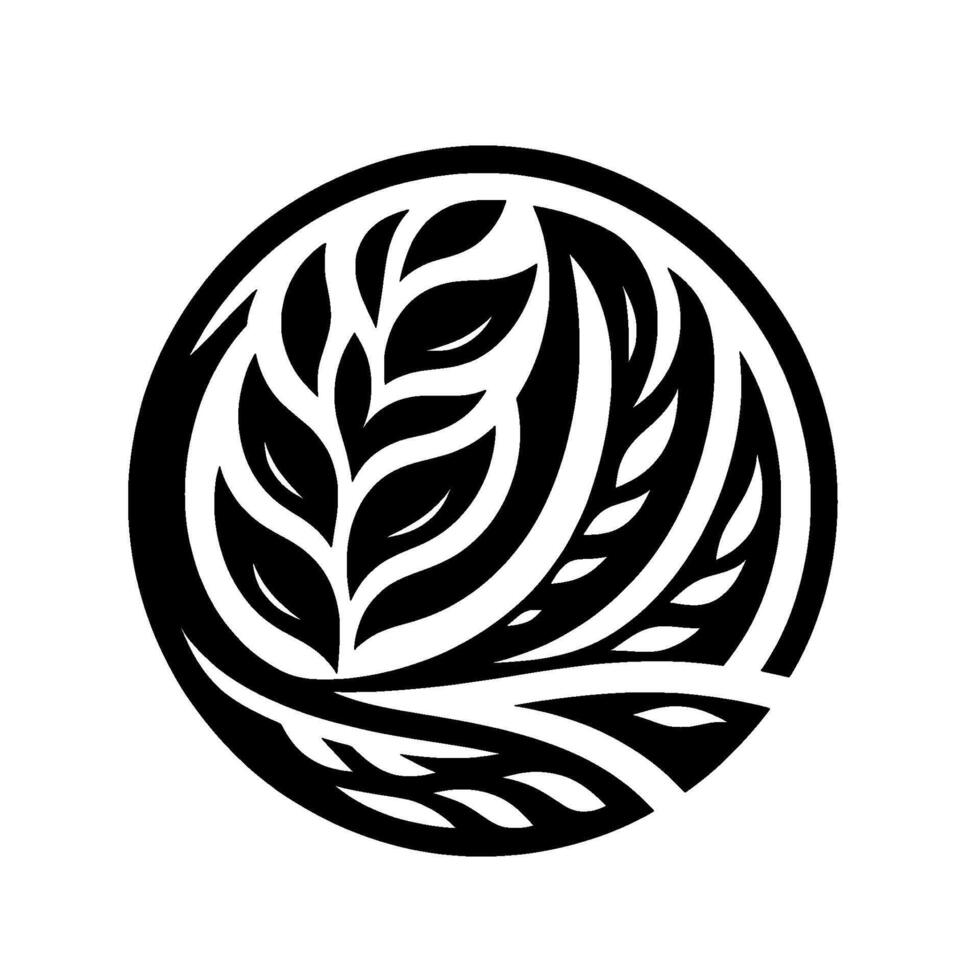 Elegant black and white botanical emblem with stylized leaves and stems arranged within a circle, showcasing natures intricate artistry. vector