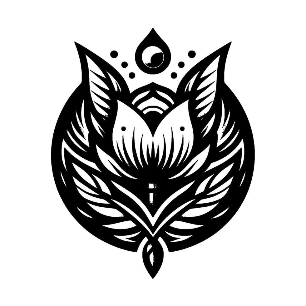 Symmetric Black and White Floral Emblem, Featuring a stylized lotus with overlapping petals, a teardrop, and a central accent on a white background. vector